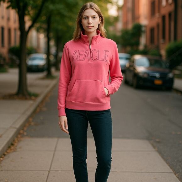 American Eagle Womens Sweatshirt Size XS Quarter‎ Zip Neon Pink Lightweight - Picture 2 of 13